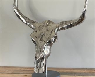 Polished Aluminum Steer Skull on Stand Cow Head Horns 27 x 26 x 10in HxWxD