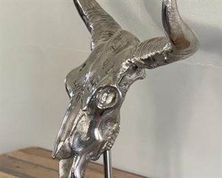 Polished Aluminum Steer Skull on Stand Cow Head Horns 27 x 26 x 10in HxWxD