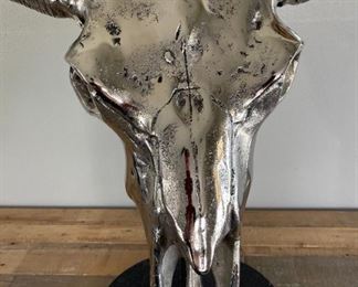 Polished Aluminum Steer Skull on Stand Cow Head Horns 27 x 26 x 10in HxWxD