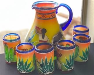 7pc Mexican Blown Glass Hand Painted Pitcher & Glasses Pitcher: 11 x 9 x 7in HxWxD