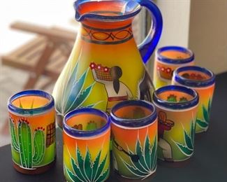 7pc Mexican Blown Glass Hand Painted Pitcher & Glasses Pitcher: 11 x 9 x 7in HxWxD