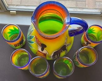 7pc Mexican Blown Glass Hand Painted Pitcher & Glasses Pitcher: 11 x 9 x 7in HxWxD