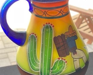 7pc Mexican Blown Glass Hand Painted Pitcher & Glasses Pitcher: 11 x 9 x 7in HxWxD