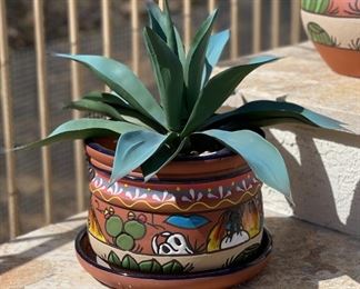 Mexico Painted Terracotta Pot/Planter with Faux Plant #1 Pot: 8in H x 10in diameter