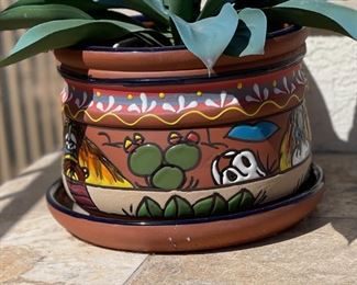 Mexico Painted Terracotta Pot/Planter with Faux Plant #1 Pot: 8in H x 10in diameter