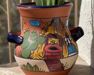 Mexico Painted Terracotta Pot/Planter with Faux Plant #2 Pot: 13in H x 9.5in Diameter at rim