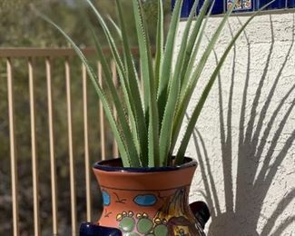 Mexico Painted Terracotta Pot/Planter with Faux Plant #2 Pot: 13in H x 9.5in Diameter at rim