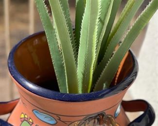 Mexico Painted Terracotta Pot/Planter with Faux Plant #2 Pot: 13in H x 9.5in Diameter at rim