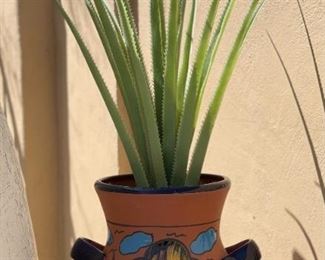 Mexico Painted Terracotta Pot/Planter with Faux Plant #3 Pot: 13in H x 9.5in Diameter at rim