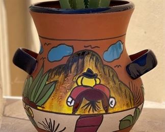 Mexico Painted Terracotta Pot/Planter with Faux Plant #3 Pot: 13in H x 9.5in Diameter at rim