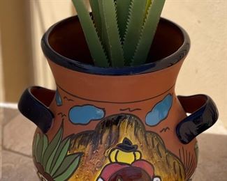Mexico Painted Terracotta Pot/Planter with Faux Plant #3 Pot: 13in H x 9.5in Diameter at rim