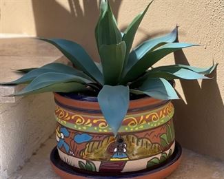 Mexico Painted Terracotta Pot/Planter with Faux Plant #4 Pot: 8in h x 10in diameter