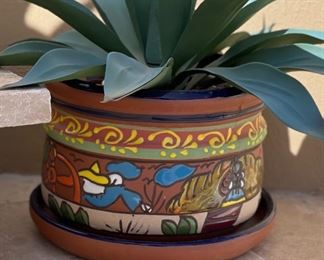 Mexico Painted Terracotta Pot/Planter with Faux Plant #4 Pot: 8in h x 10in diameter