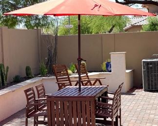 6pc Applaro Teak Patio Table Chairs & Umbrella 29 x 30 x 56-104in HxWxD