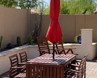 6pc Applaro Teak Patio Table Chairs & Umbrella 29 x 30 x 56-104in HxWxD