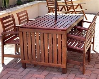 6pc Applaro Teak Patio Table Chairs & Umbrella 29 x 30 x 56-104in HxWxD