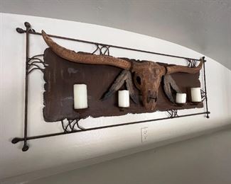 Rustic Longhorn Metal Art Candle Holder 28x69x4in HxWxD