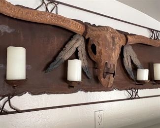 Rustic Longhorn Metal Art Candle Holder 28x69x4in HxWxD