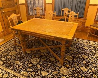 Vintage slide leaf dining room table and chairs; Safavieh 100% viscose pile area rug 8x11 Persian Garden pattern