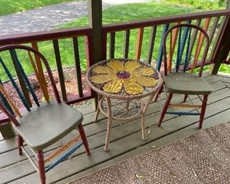 Wicker bistro table, painted chairs