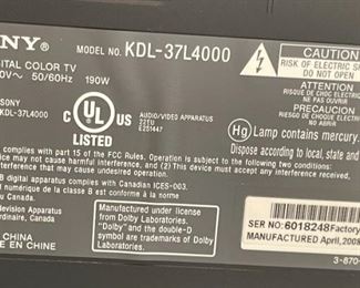 Sony 37in LCD 720p TV KDL-37L4000 TV 25.5 x 36.75x11in HxWxD