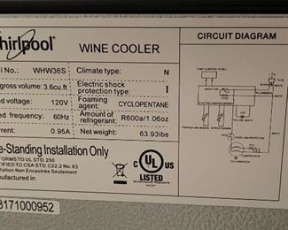 Whirlpool WHW36S Wine Fridge 35 Bottle 3.6 Cu. Ft 34 x 19 x 19in HxWxD