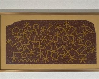 Signed Frogs & Fish Petroglyphs Art Painting Frame: 20 x 36in<BR> Art: 15 x 30.5in