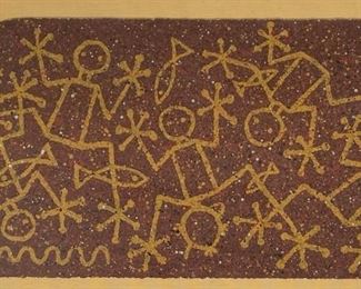 Signed Frogs & Fish Petroglyphs Art Painting Frame: 20 x 36in<BR> Art: 15 x 30.5in