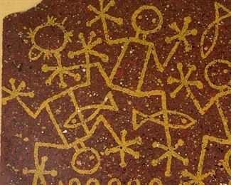 Signed Frogs & Fish Petroglyphs Art Painting Frame: 20 x 36in<BR> Art: 15 x 30.5in