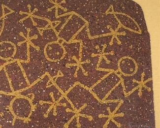 Signed Frogs & Fish Petroglyphs Art Painting Frame: 20 x 36in<BR> Art: 15 x 30.5in