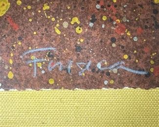 Signed Frogs & Fish Petroglyphs Art Painting Frame: 20 x 36in<BR> Art: 15 x 30.5in