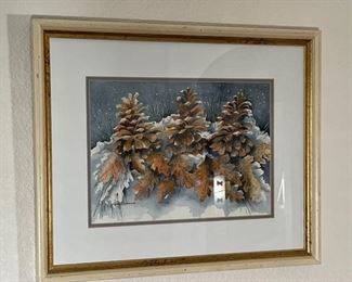 Original Art Lynn Overend Pinecones Watercolor Painting Framed Frame: 18.25 x 22in Image: 10 x 14in
