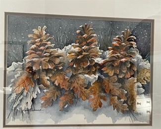 Original Art Lynn Overend Pinecones Watercolor Painting Framed Frame: 18.25 x 22in Image: 10 x 14in
