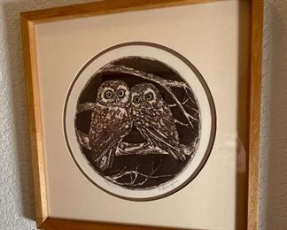 Signed Litho Owls C. Branagan Framed Art Print Frame: 14 x 14in Image: 8 inches diameter