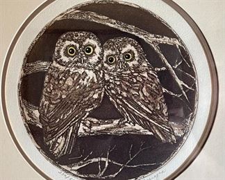 Signed Litho Owls C. Branagan Framed Art Print Frame: 14 x 14in Image: 8 inches diameter