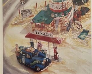 Signed Route 66 Two Guns AZ Gas Station Litho Framed Print Frame: 27.5 x 24in Image: 21.25 x 17.25in