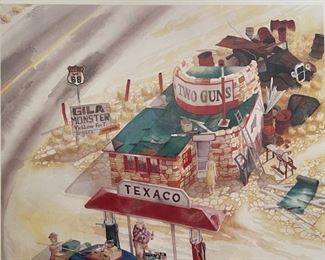 Signed Route 66 Two Guns AZ Gas Station Litho Framed Print Frame: 27.5 x 24in Image: 21.25 x 17.25in
