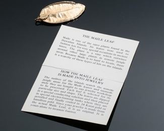 Hawaiian Maile Leaf Pendant Saburo 14k Plated 1.9x0.8in