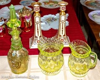 TABLES FULL of Ceramics - Crystal - Glassware:  Vaseline Glass