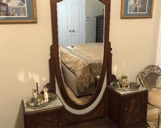 Antique Vanity with Full Length Mirror and Marble Tops