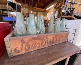 Vintage Nesbitt's Orange Wooden Box and Vintage Glass Coke Bottles