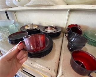Vintage Red Glass Mugs, Bowls and Plates