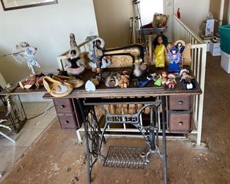 Antique Singer Sewing Machine and Native American Figurines 
