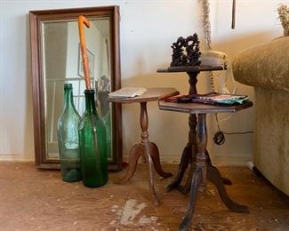 Antique Side Tables and Large Green Glass Bottles