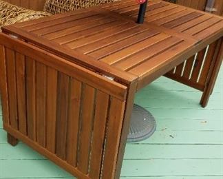 Outdoor table w/ 4 chairs and 2 end tables. Has cushions, they are stored indoors.