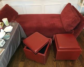 Red Crate & Barrel daybed. Red storage ottomans