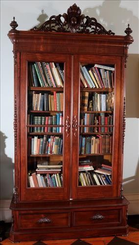 060 - Rosewood rococo 2 door bookcase with 2 drawers, 9 ft. 3 in. T, 5 ft. W, 19 in. D.