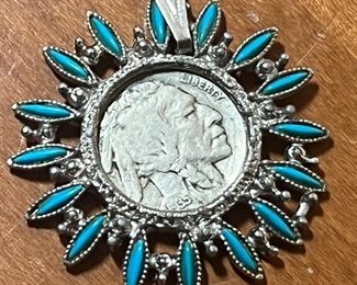 Real Buffalo nickel and Needlepoint style turquoise look pendant