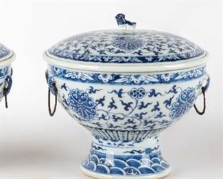 Pair of Chinese Blue and White Porcelain Chafing Dishes