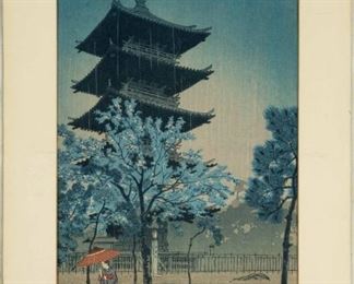Kamamatsu Shiro, Pagoda in Rain at Nightfall, Yanaka, Tokyo & Hiroshige, Paulownia Plantation, Akasaka